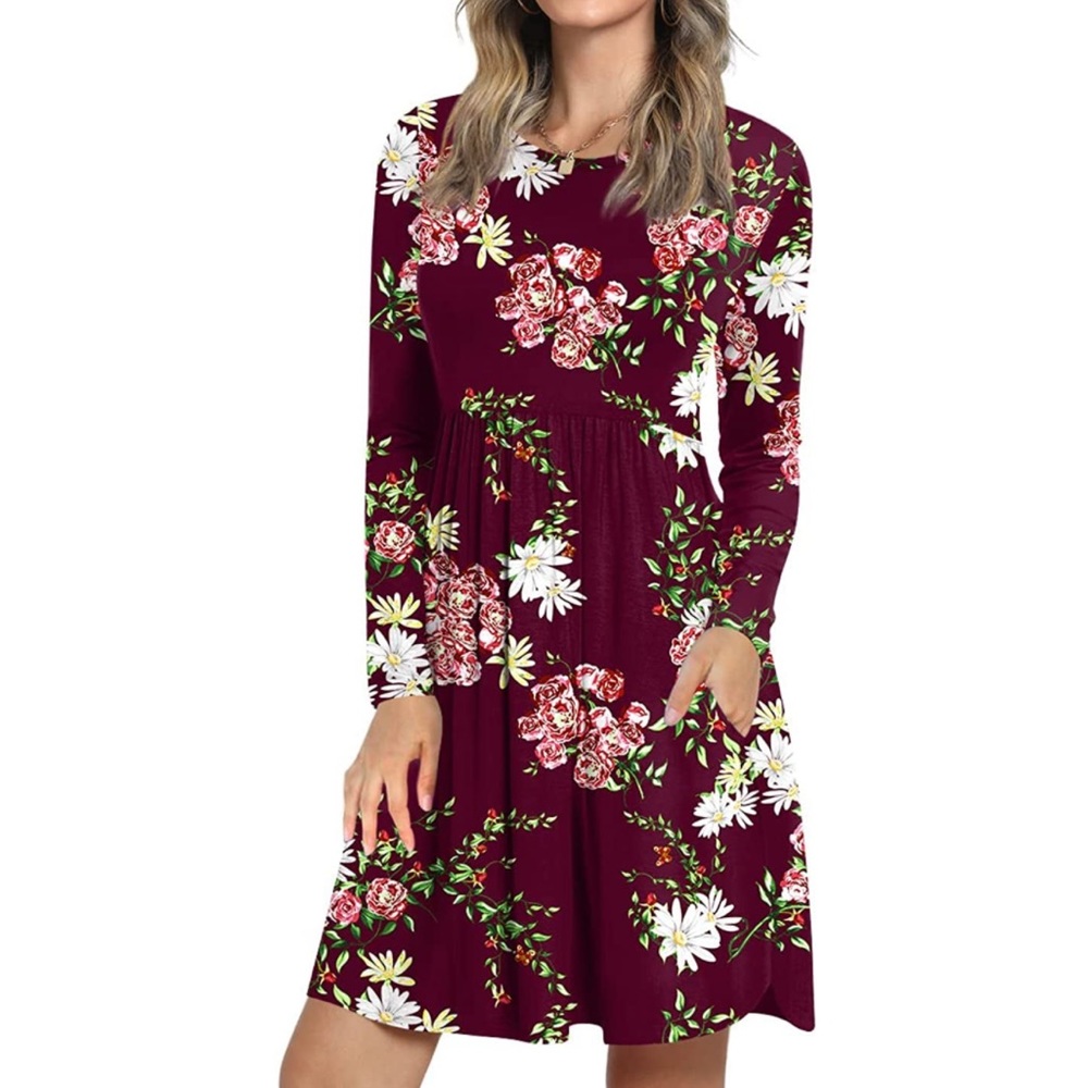 Long Sleeve Casual T Shirt Flowy Swing Dress with Pockets